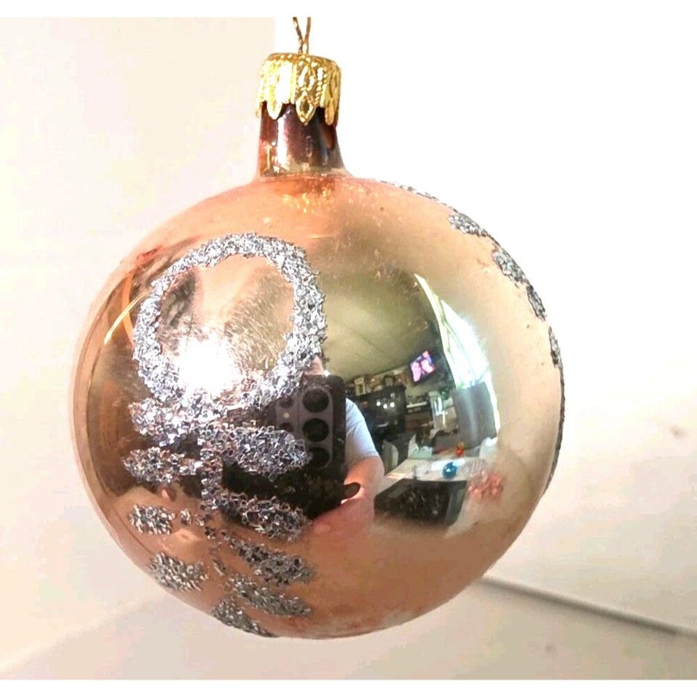 Vintage Peach And Silver Glitter Christmas Ornament 2"